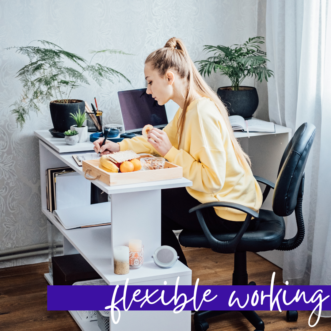 person sitting at desk working, banner across the image which reads flexible working